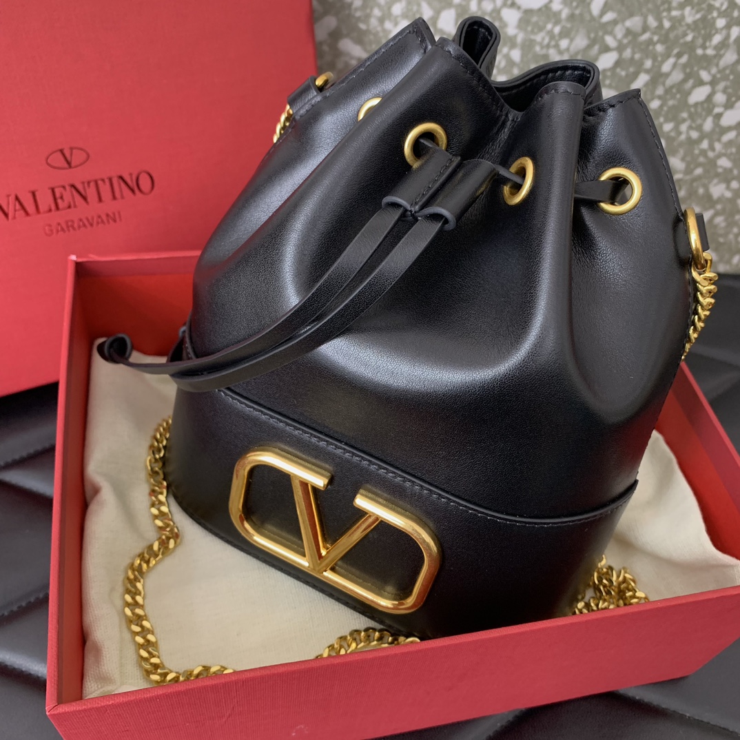 Valentino Garavani VLogo Signature Mini Bucket Bag in Black Nappa Leather 